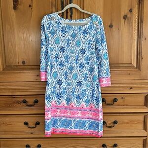 Lilly Pulitzer Blue and Pink Sheath Dress with Bateau Neckline